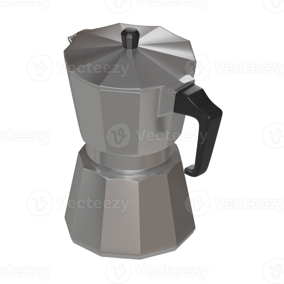 3D rendering of a stainless steel moka pot, traditional stainless steel moka pot with a sleek polished finish and ergonomic black handle png