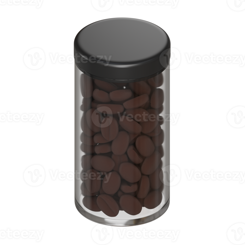 3D render of a tall transparent jar filled with coffee beans, black lid, and empty label area for branding or product design png