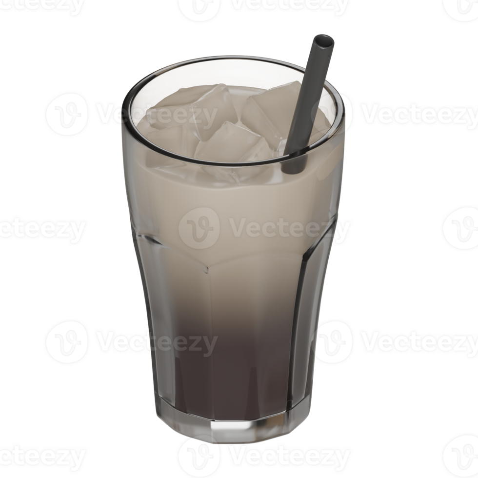 3D render of iced coffee with a visible swirl of milk mixing into the brew, served in a transparent glass with a black straw, showing realistic frosty ice cubes png