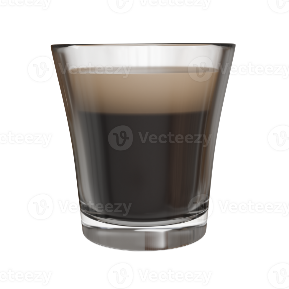 Photorealistic 3D render of a freshly pulled espresso shot served in a small transparent glass png