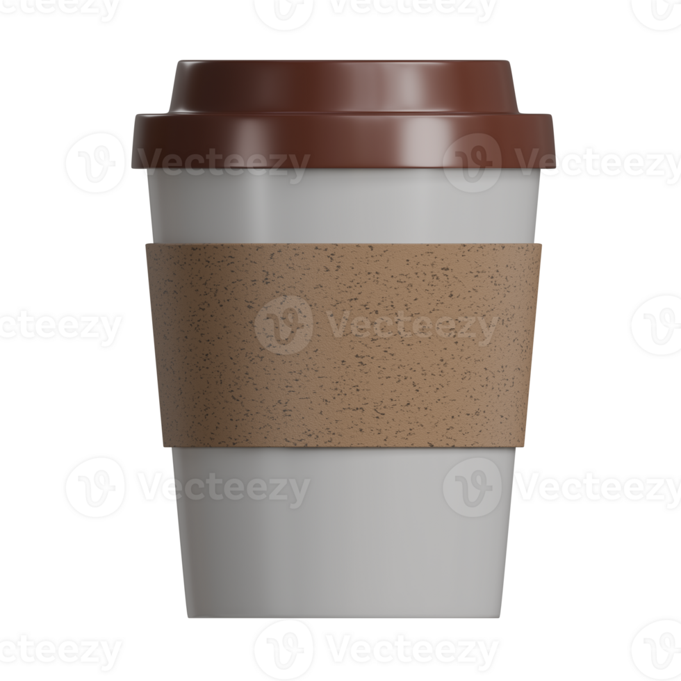 3D render of a plastic brown and white coffee cup with a brown paper grip png