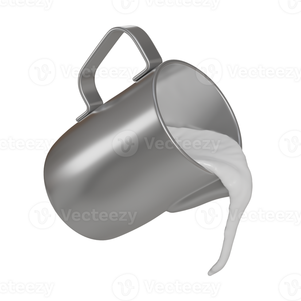 Realistic 3D illustration of a silver stainless steel frothing pitcher pouring a smooth stream of milk png