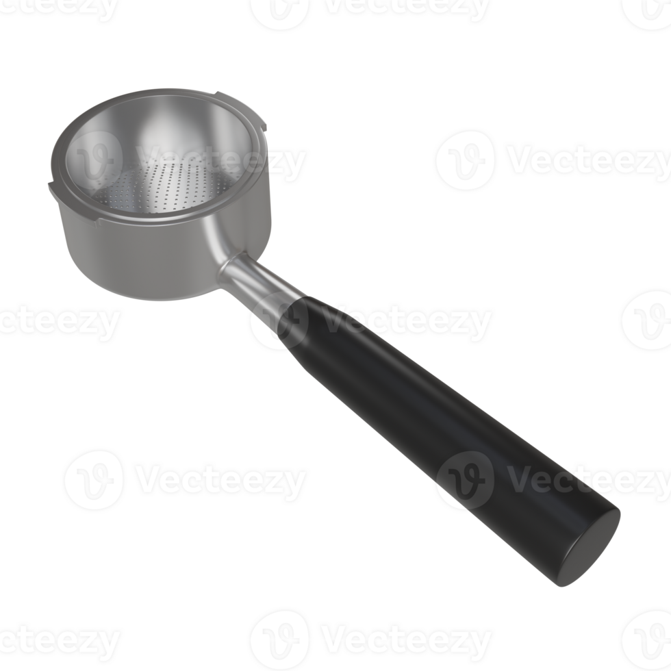 3D rendering of a coffee portafilter attached to a professional-grade espresso machine. The metal surface is reflective png