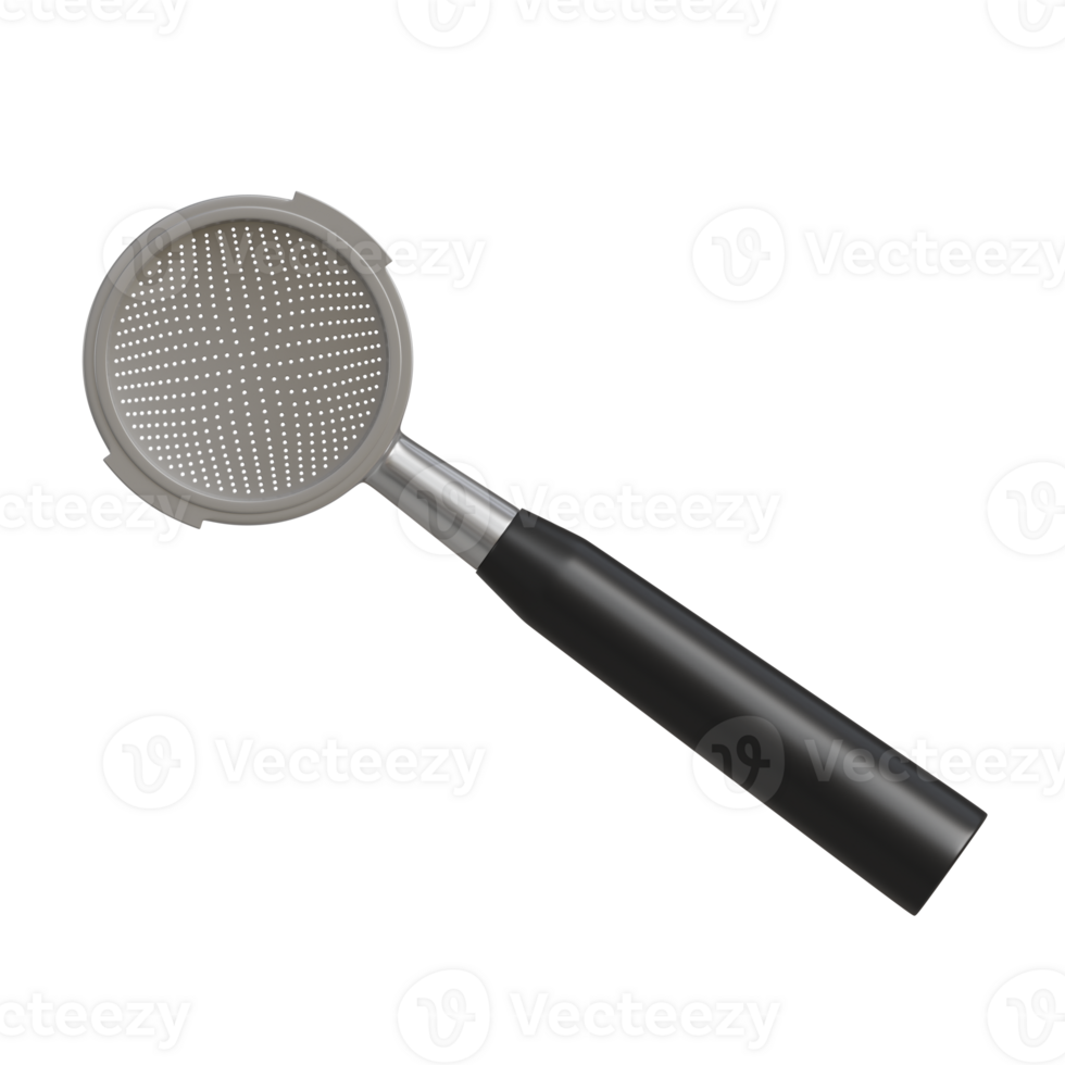 3D render of a coffee portafilter attached to a professional-grade espresso machine. The metal surface is reflective with black handle png