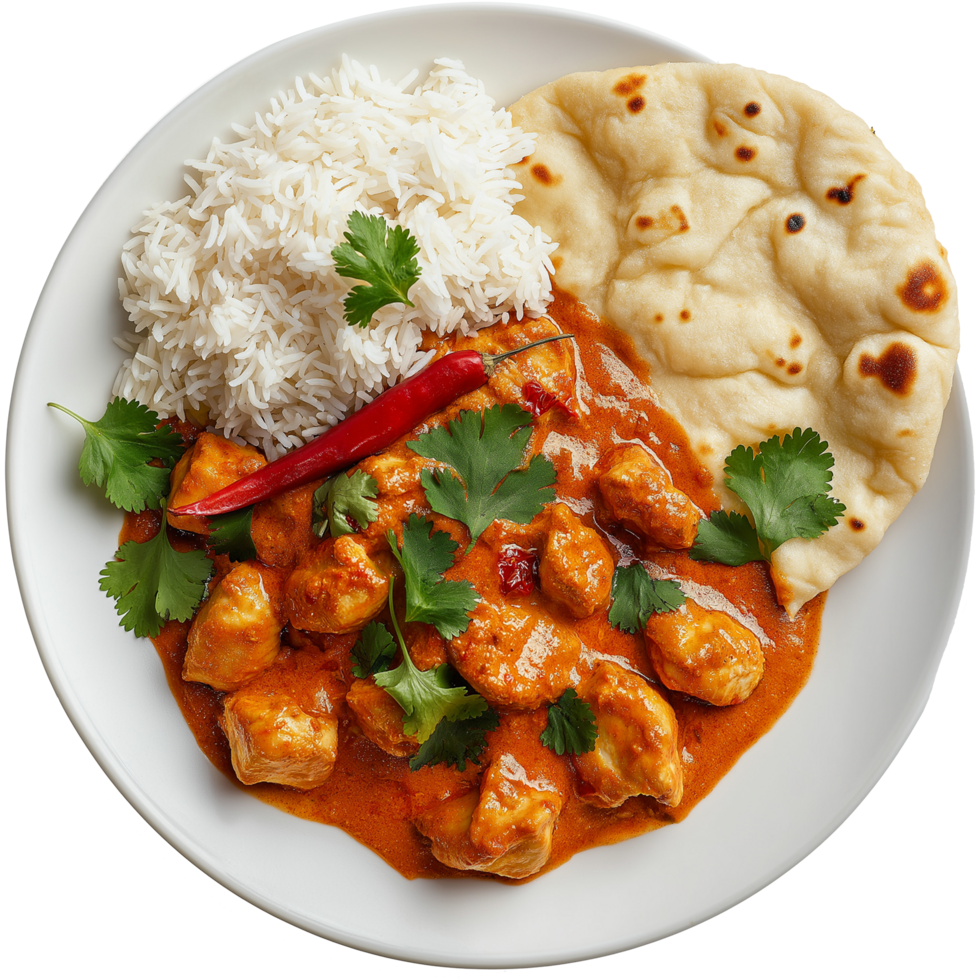 A spicy chicken tikka masala with basmati rice and naan bread Image, hamburger isolated on transparent background, hamburger illustration png