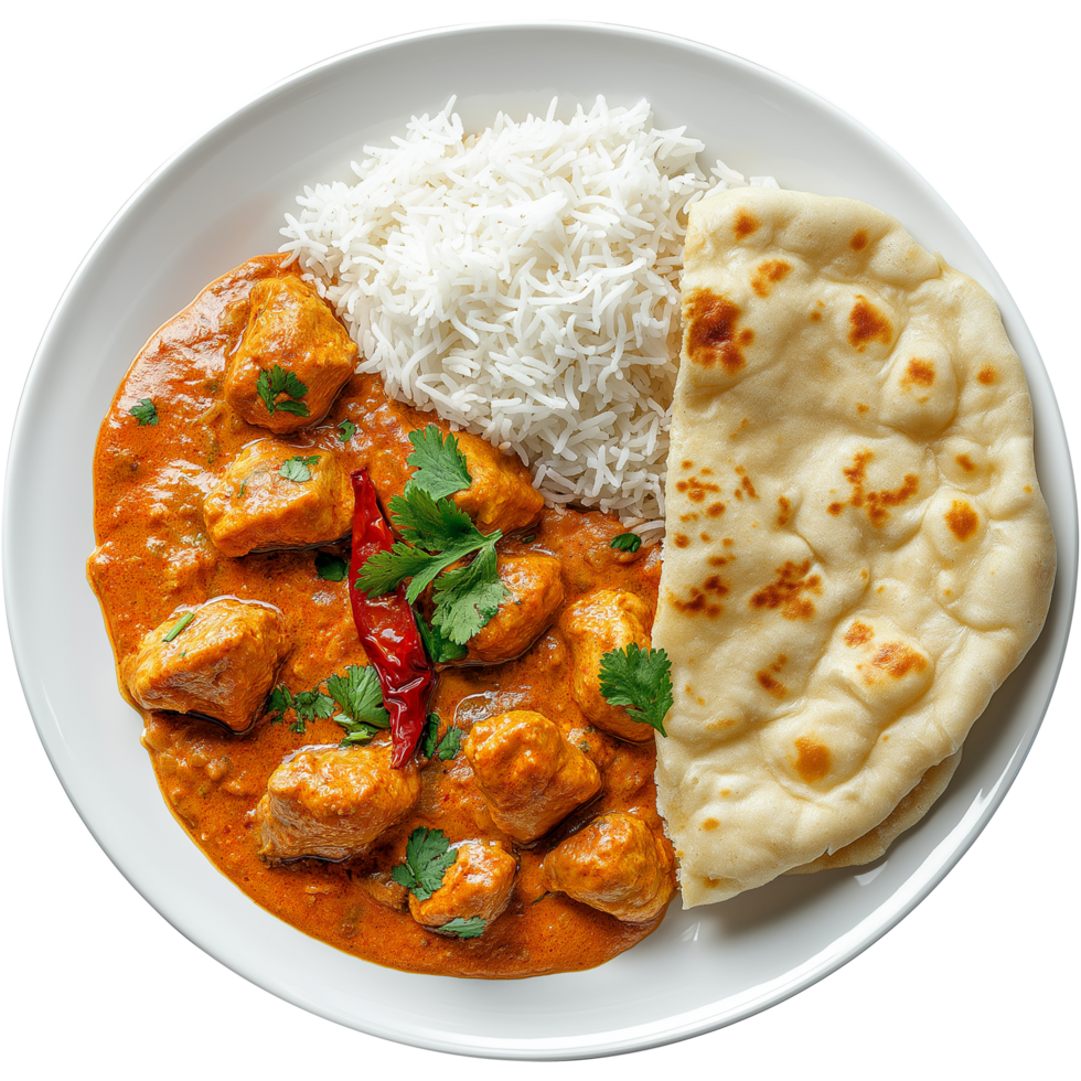 A spicy chicken tikka masala with basmati rice and naan bread Image, hamburger isolated on transparent background, hamburger illustration Art png
