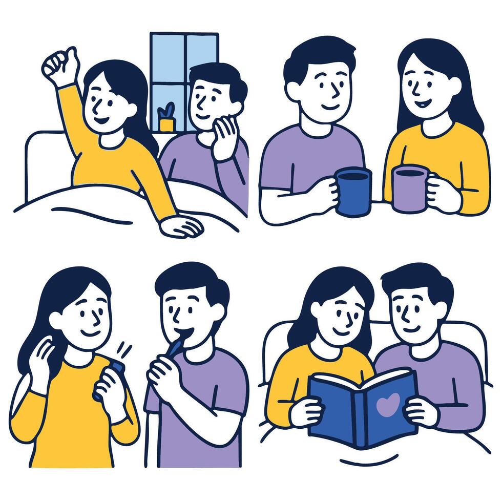 Cozy couple enjoying morning routine, sharing coffee and reading together, feeling happy vector