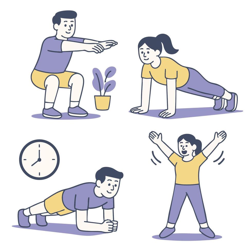 Collection of illustrated fitness activities including squats, push ups, and stretching vector