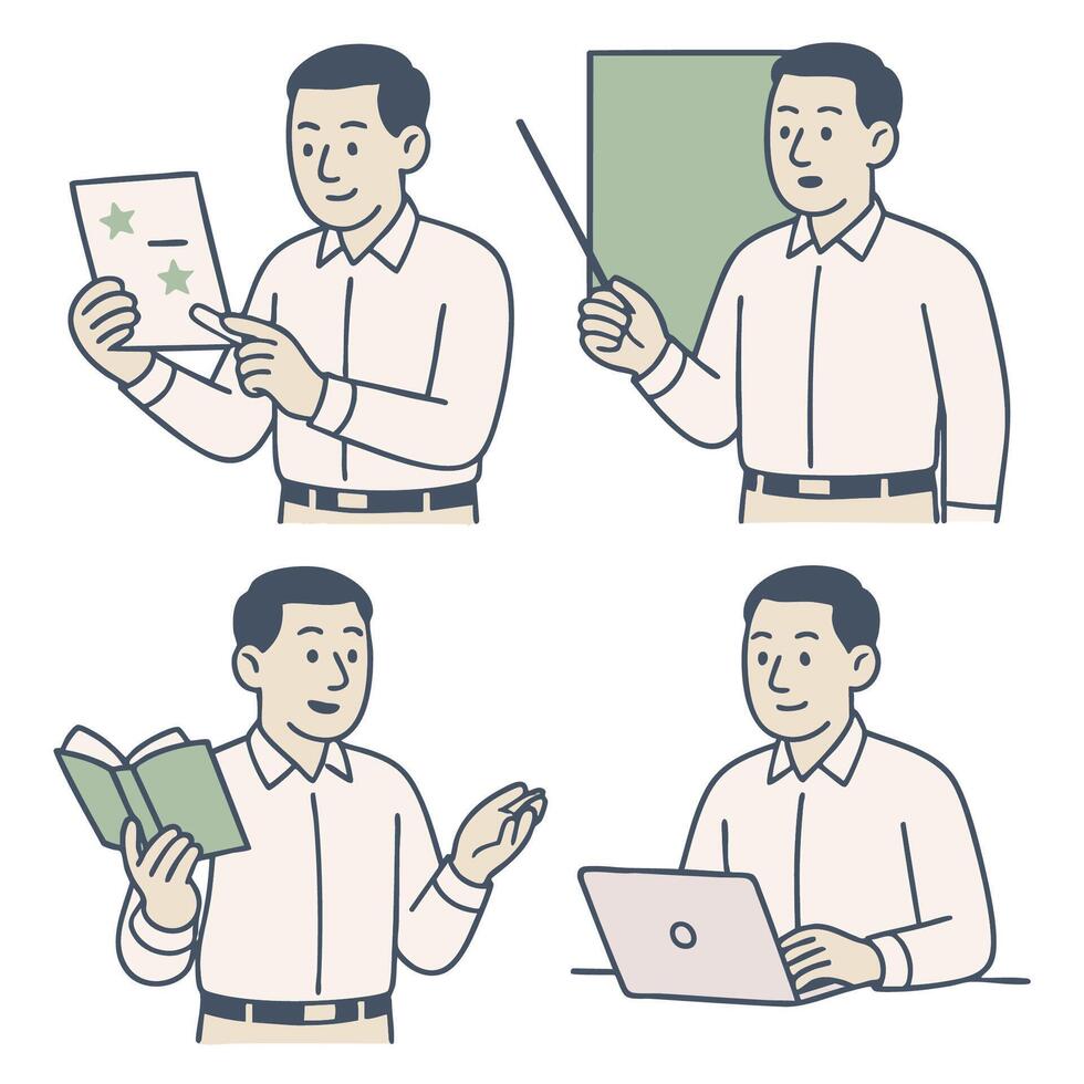 Man engaging various activities such as presenting, reading, and using laptop, showcasing vector