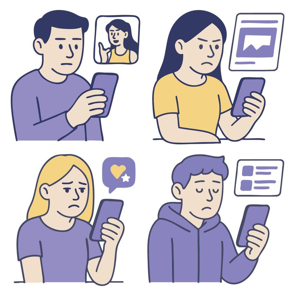 Feeling disconnected while using smartphones, individuals express various emotions vector