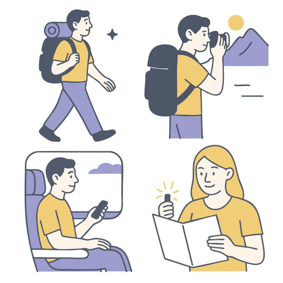 Person hiking, taking photos, traveling, and reading map, showcasing adventure and exploration vector