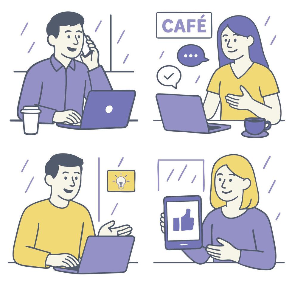 Digital illustration of people working in cafe, engaging in conversations and using technology vector