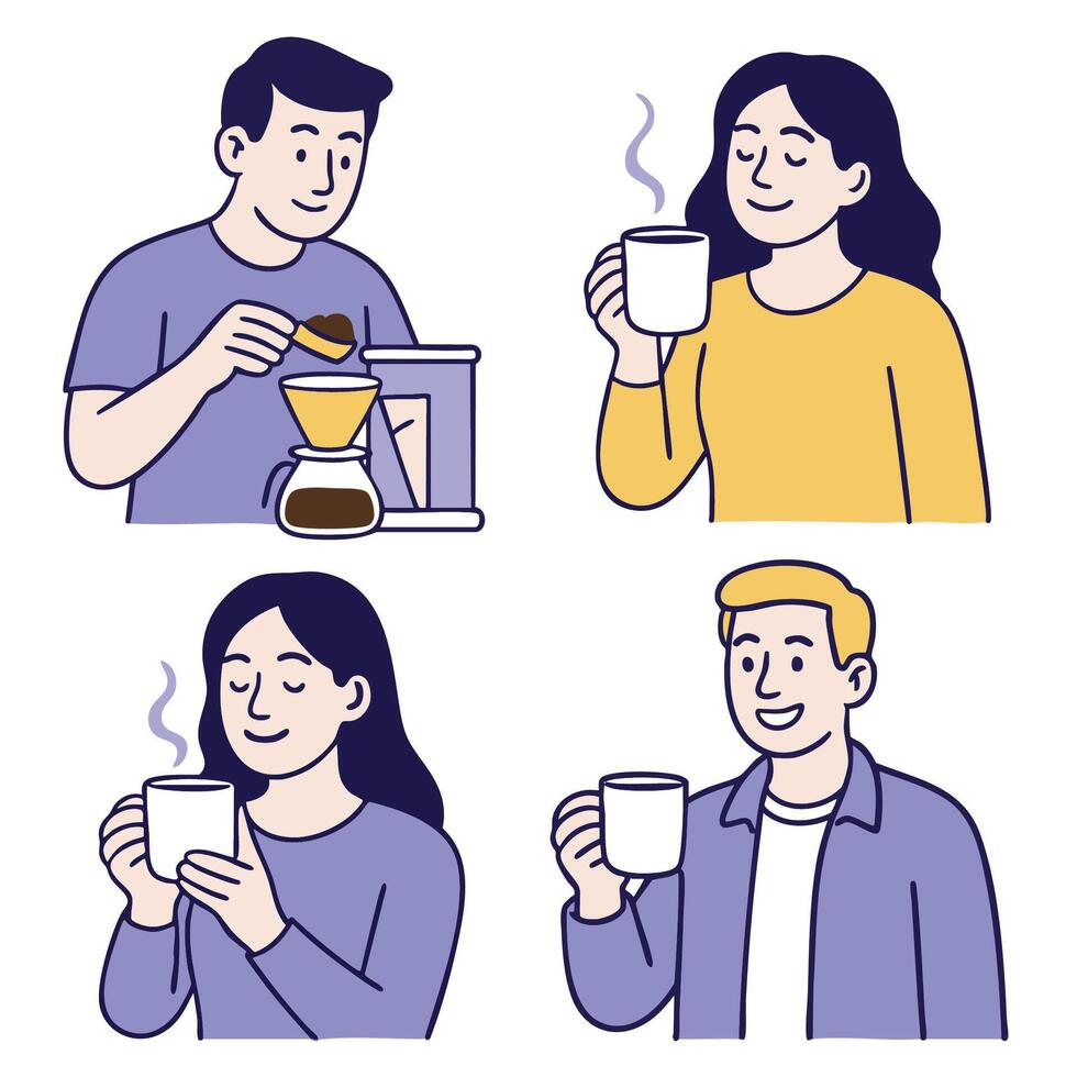 Enjoying coffee moments, people brewing and sipping warm beverages with smiles vector