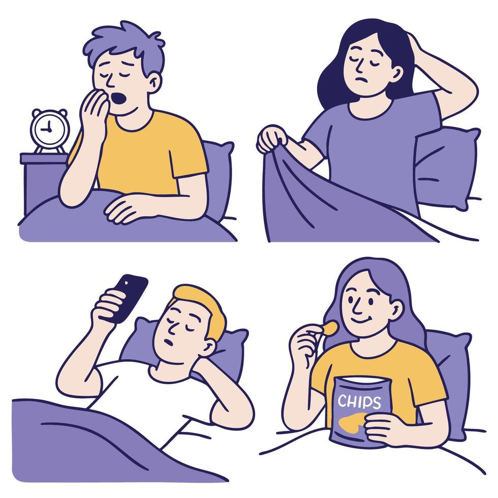Sleepy people in bed, yawning, using phone, eating snacks, feeling relaxed and cozy vector
