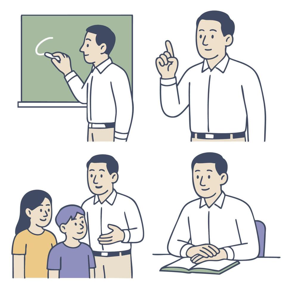 Teacher engaging with students in classroom setting, illustrating various teaching moments vector