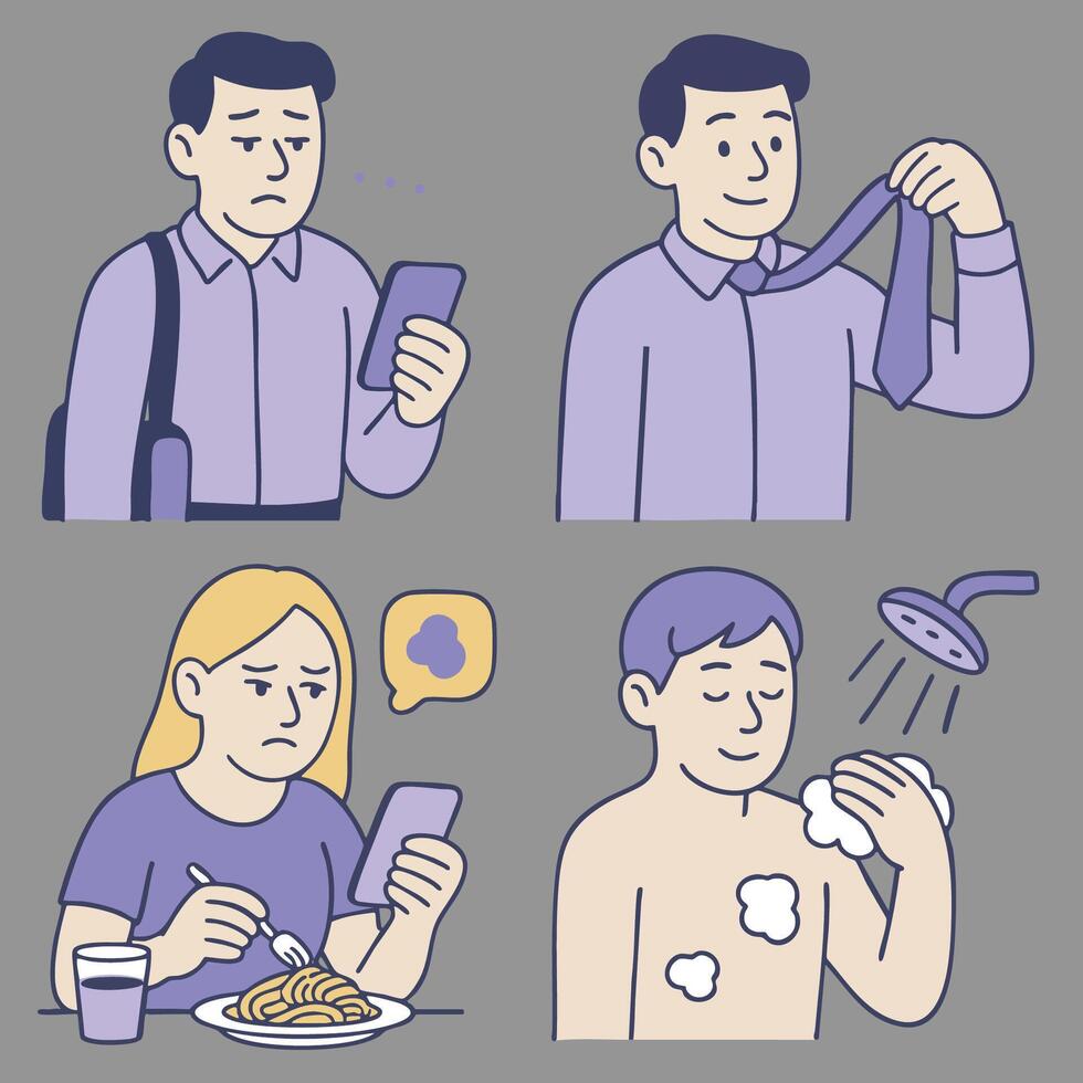 Illustration of daily life moments showing emotions and activities like checking phone, dressing vector