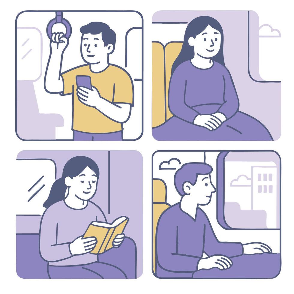Public transport scenes showing diverse individuals engaged various activities, conveying daily vector