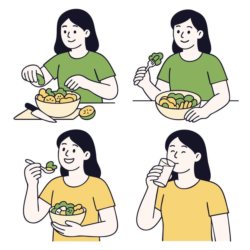 Healthy eating habits are showcased through person enjoying various meals, including salads vector