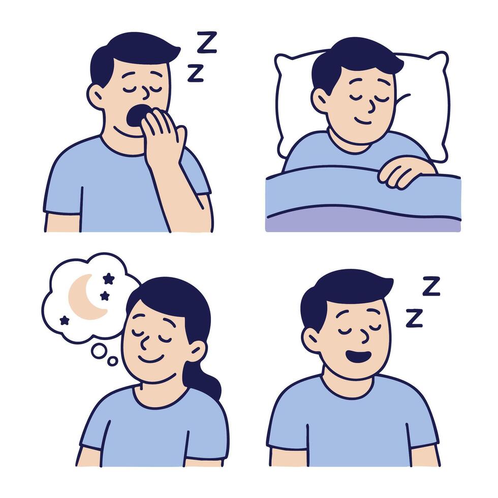Series of illustrations depicting sleep stages, including yawning, sleeping, dreaming vector