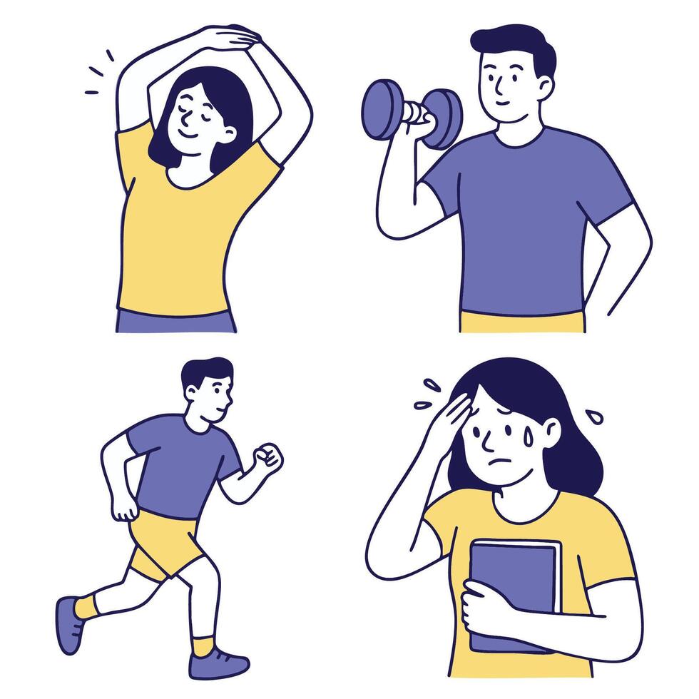 Fitness activities, exercise, health, stress relief, workout motivation, emotional expression vector