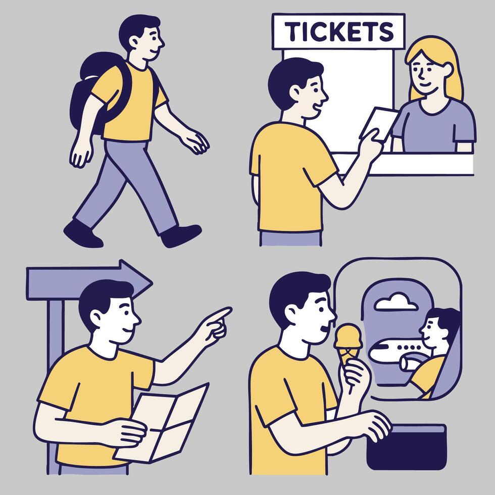 Traveling man buying tickets, exploring attractions, enjoying ice cream, and navigating vector