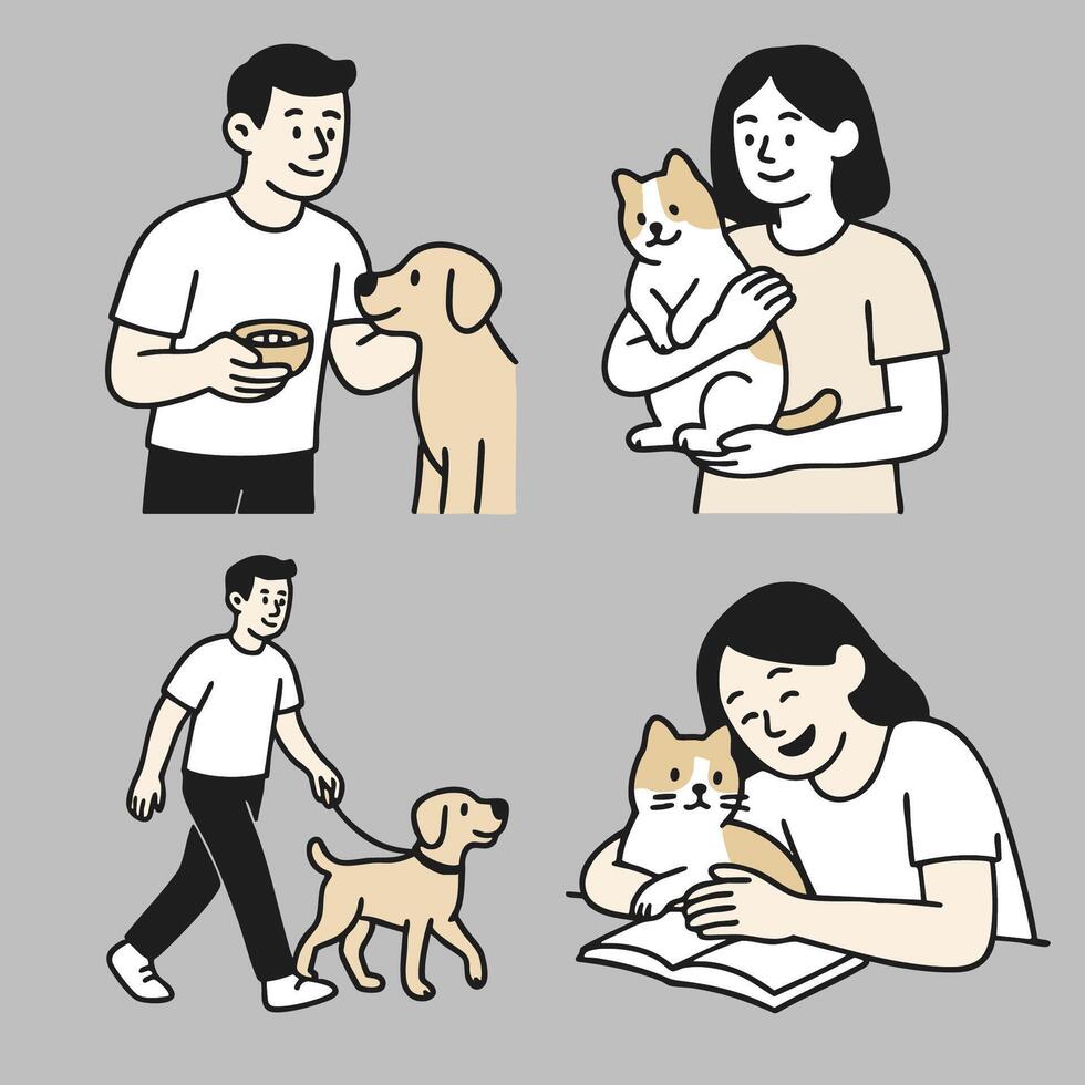 Caring pet owners interacting with dogs and cats, showcasing love and companionship vector