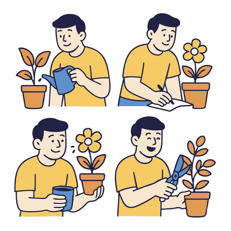 Man caring for plants through watering, writing, and pruning, showcasing gardening steps vector