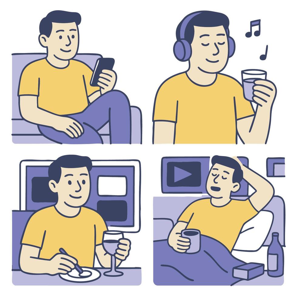 Relaxing man enjoying leisure activities home, using phone, listening to music, and having drink vector