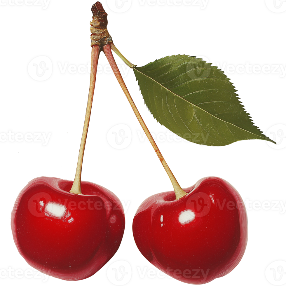 Two red cherries with stem and leaf Image Cherry isolated on transparent background, Cherry illustration png