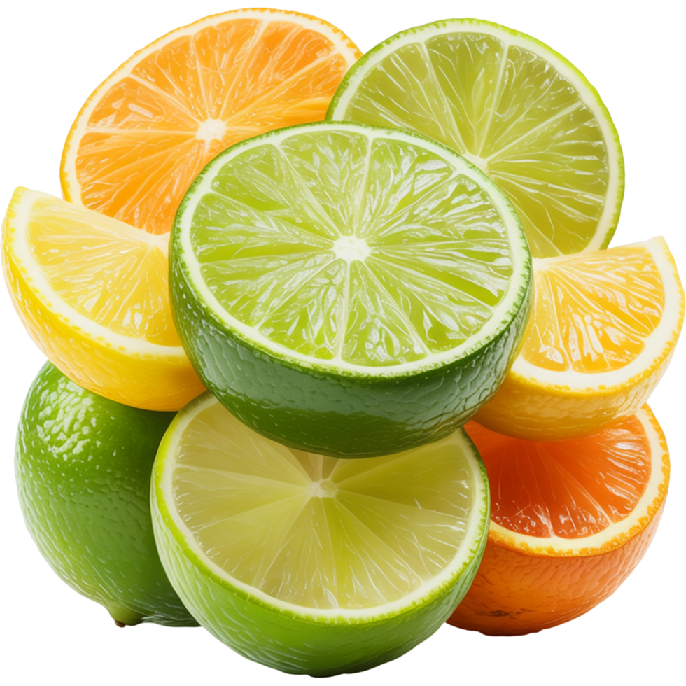 Mixed citrus arrangement with lime, lemon, orange slices Image, orange slice isolated, orange slice illustration Design png