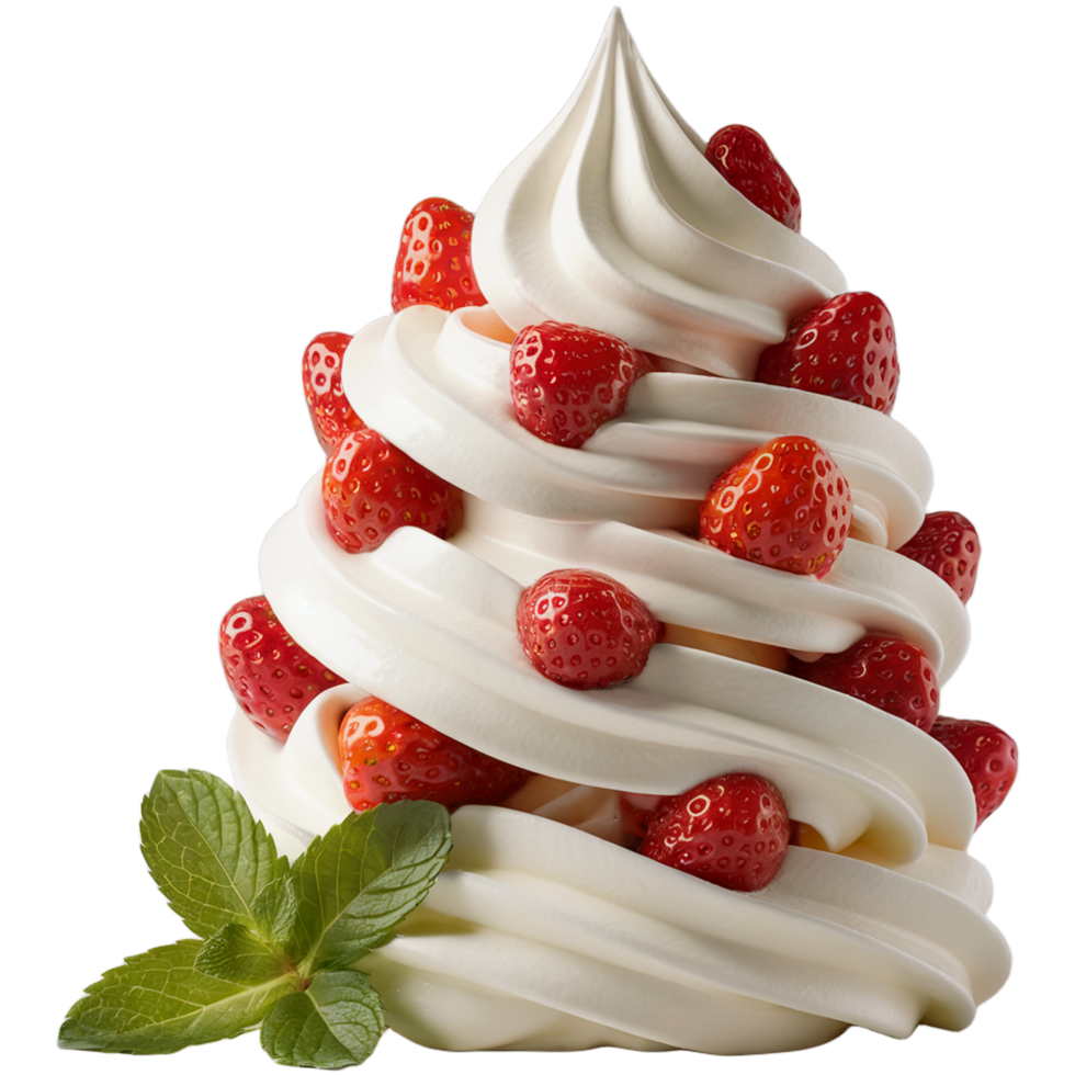 Whipped cream swirl with strawberry topping Image, cream swirl isolated on transparent background, cream swirl illustration png