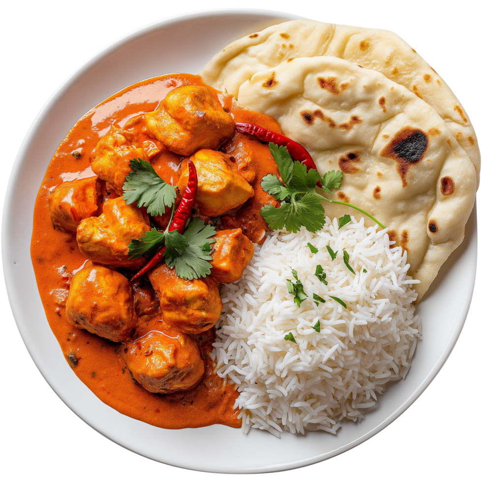 A chicken tikka masala with basmati rice and naan bread Image, hamburger isolated on transparent background, hamburger illustration png