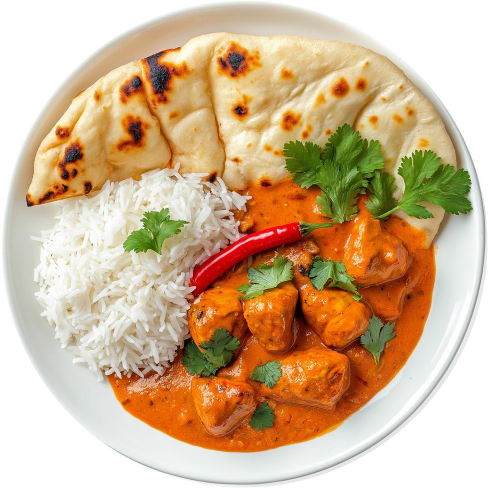 A chicken masala with basmati rice and naan bread Image, hamburger isolated on transparent background, hamburger illustration png