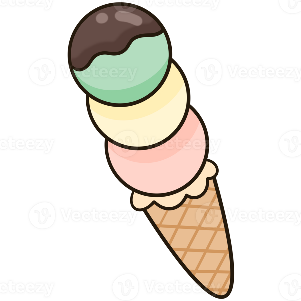3 scoops of lemon curd ice cream cone topped with chocolate sauce, vanilla and strawberry png