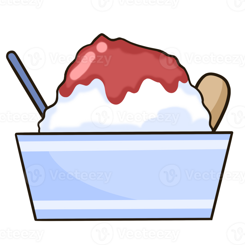Shaved ice topped with red sauce in a cup and a spoon. png