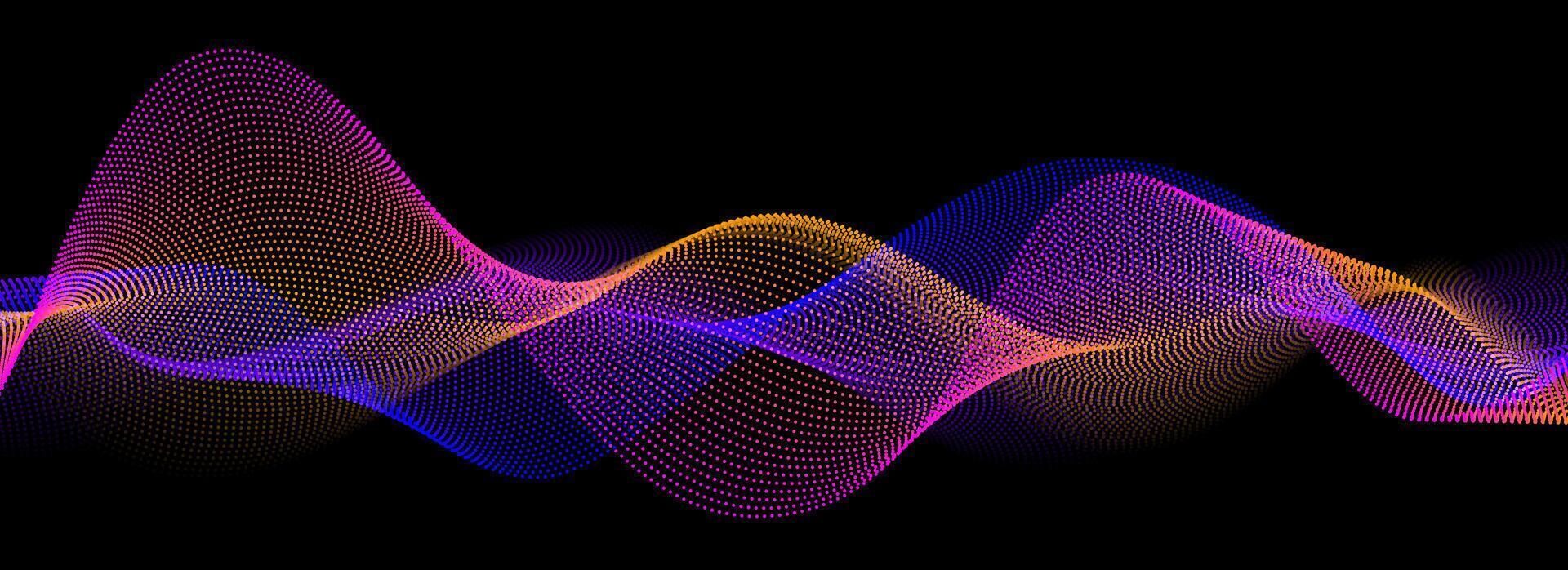 Neon sound wave on black background. Abstract flowing wavy dot lines design for ai concept, eq equalizer, audio record, voice assistant. Blue pink purple gradient dashed curve stripe wallpaper. vector