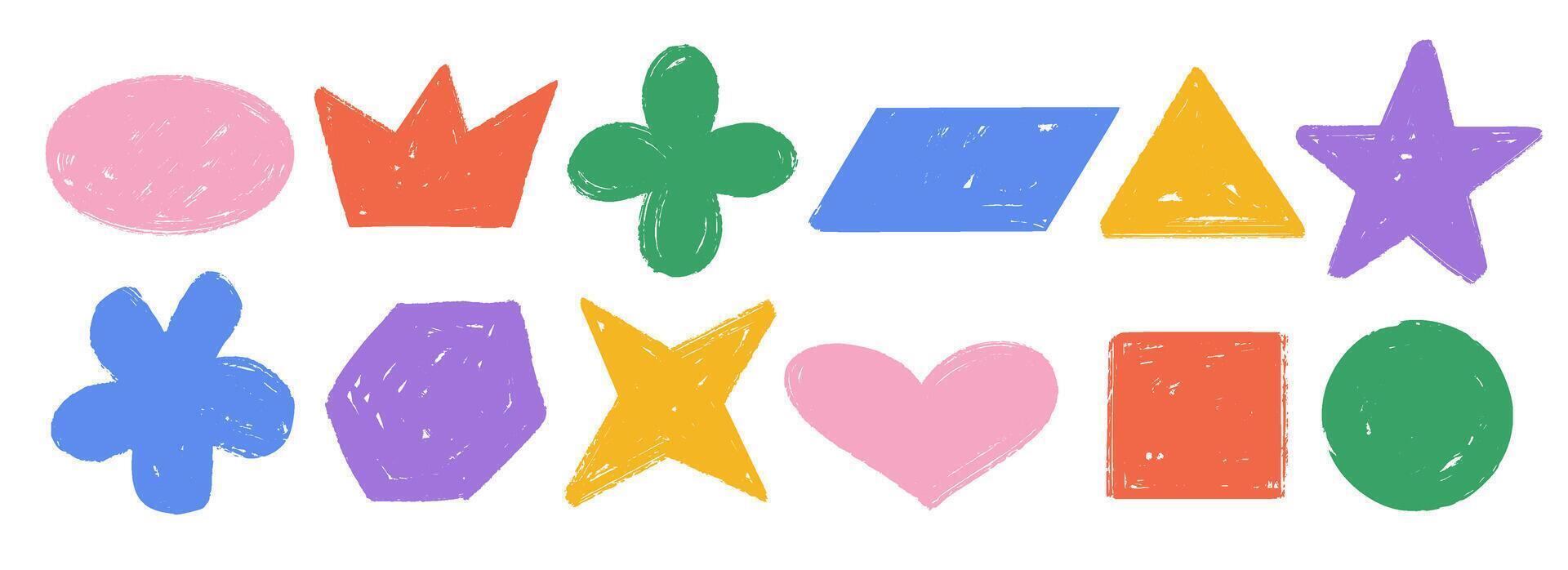 Colorful hand drawn crayon shape set. Bright charcoal doodle collection. Pastel pencil texture form pack for sticker, patch, badge, label. Childish sketch star, flower, hexagon, heart elements. vector