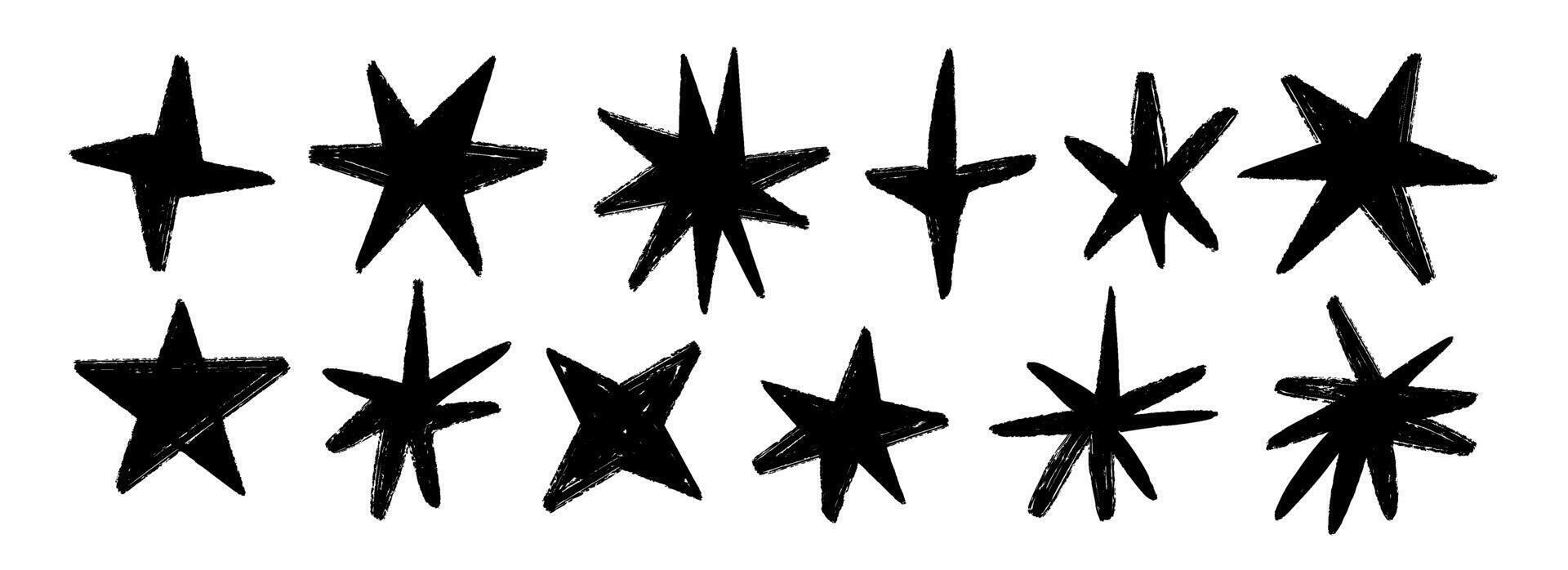 Black crayon hand drawn stars and sparkles set. Childish doodled sparks collection. Grunge rough brush stroke shine element pack for collage, poster, sticker. Kid sketched pencil symbols. vector