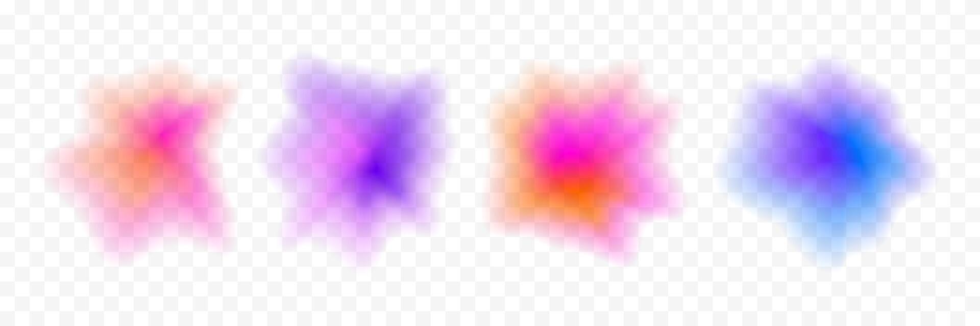 Abstract blurry gradient splash shape set. Pastel colored liquid blob gradation collection. Y2K blur smooth aura pack. Bright iridescent drop bundle for collage, badge, sticker, label. vector