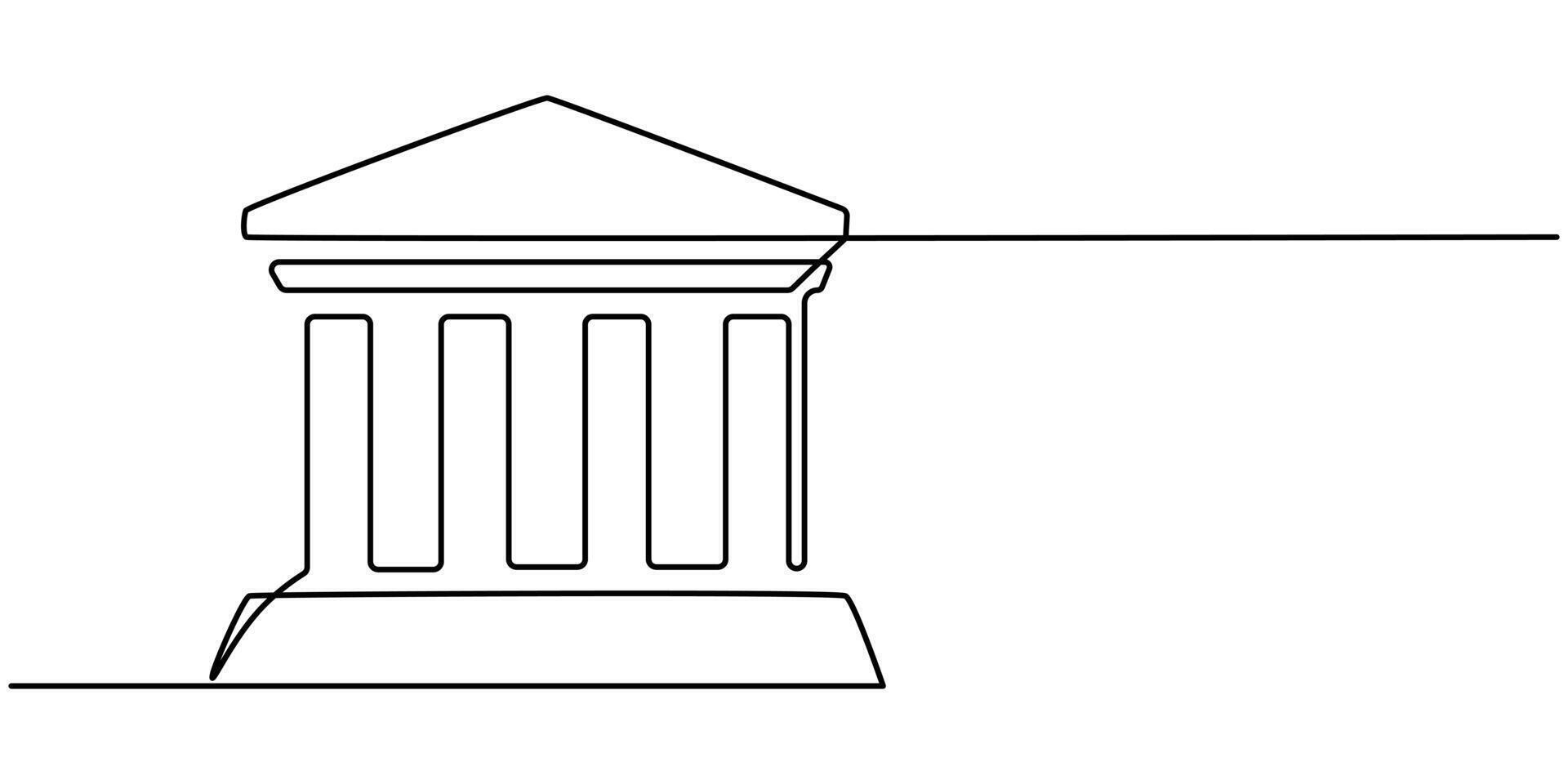 Bank building icon continuous one line drawing, One line temple icon background, Building with columns icon, Continuous outline of a theater icon, Bank, bank building, court, building with pro. vector