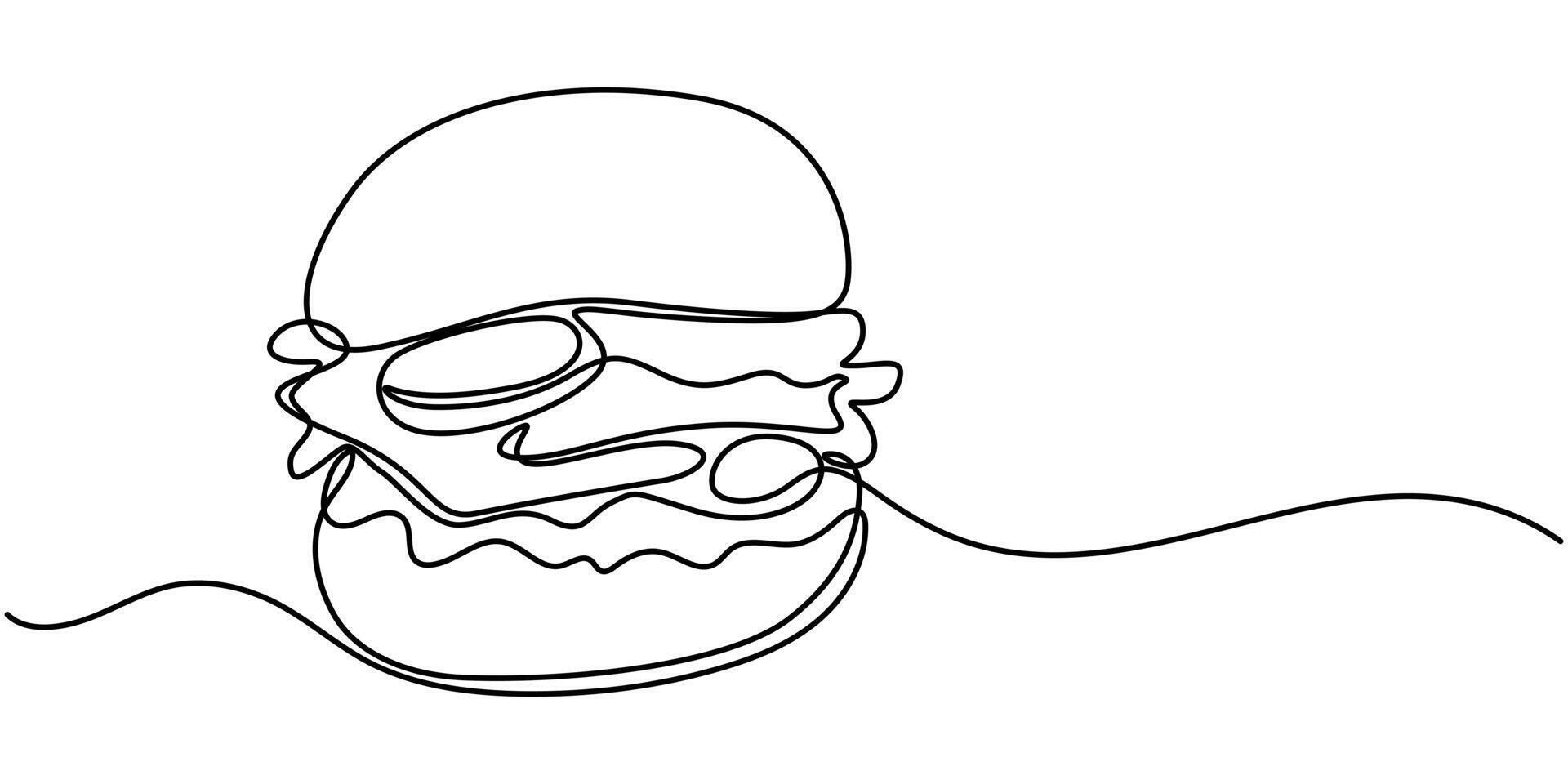 Hamburger in one line drawing. Minimalist fast food concept vector