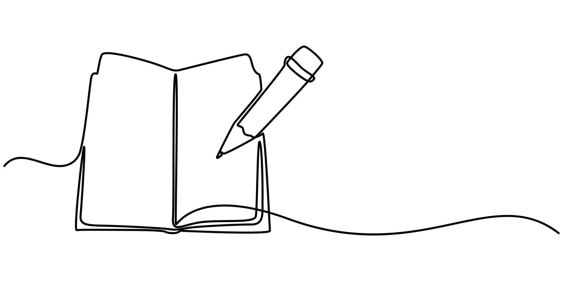 One continuous line drawing of opened book with pen. Studying book and pen for education in simple line vector