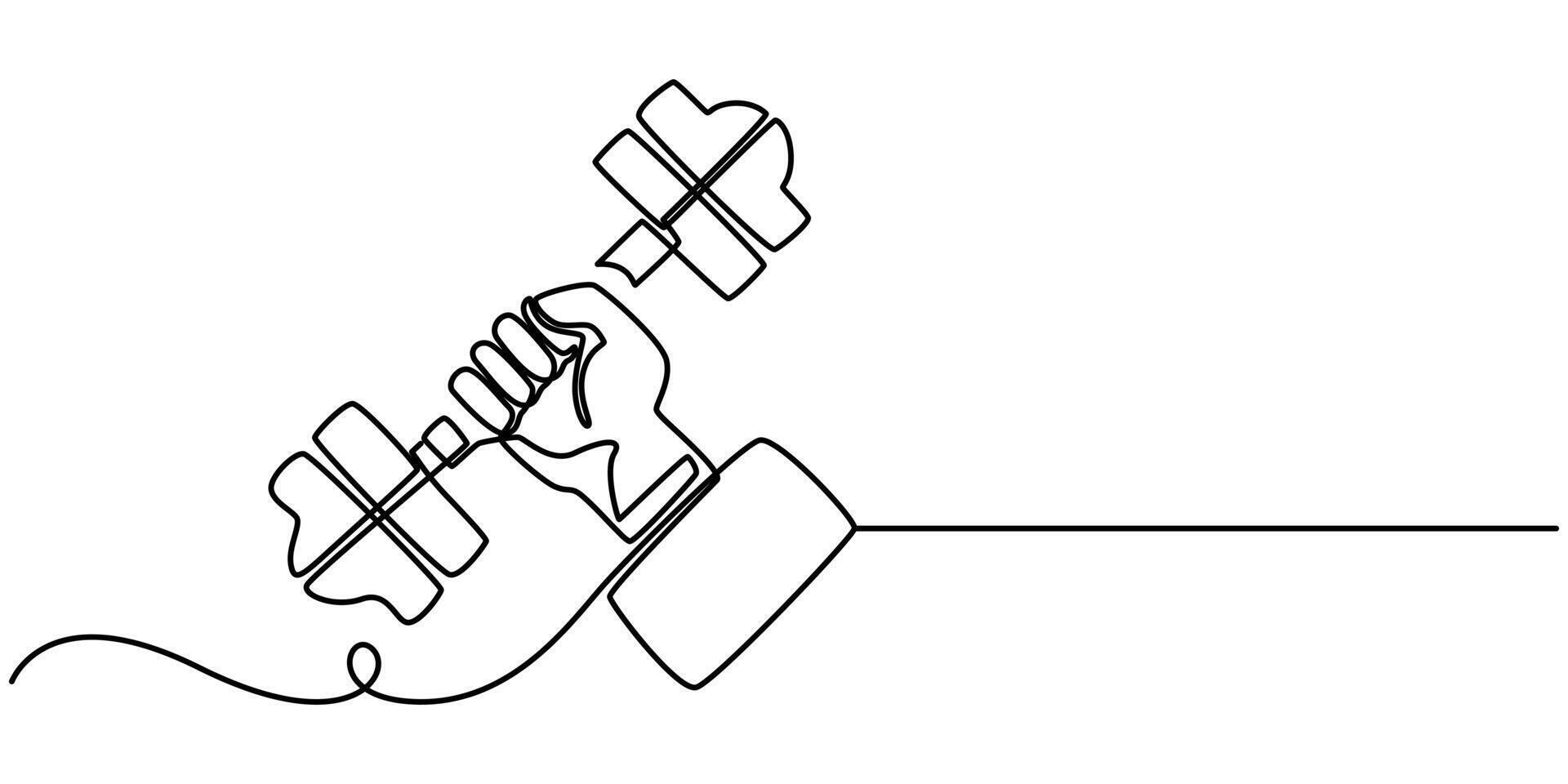 Hand holding dumbbell icon continuous one line drawing, Training Workout Line Icon, Outline Symbol Illustration, Dumbbell Lifting Hand Icon Fitness and Strength Concept vector
