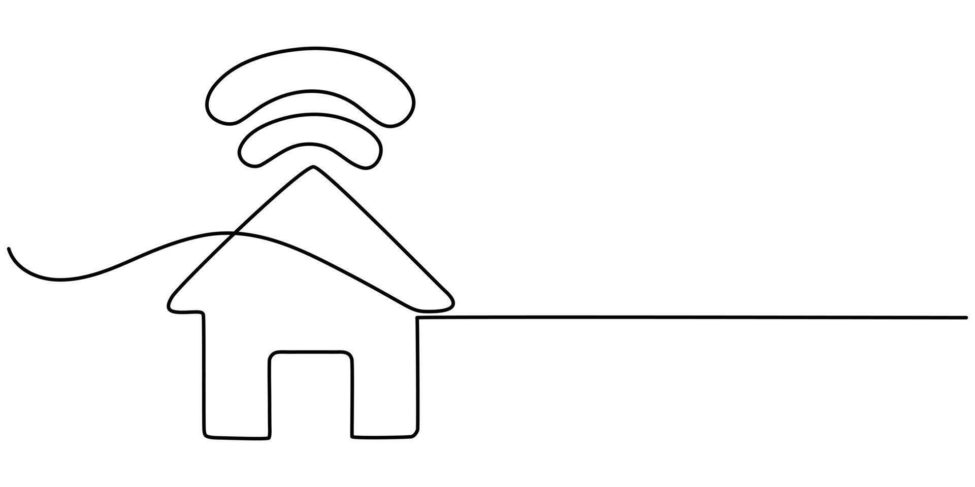 Smart house with wifi continuous one line drawing of white background, Continuous Line Drawing of Smart House icon, Hand drawn symbol illustration, Work From Home Line icons With Editable. vector