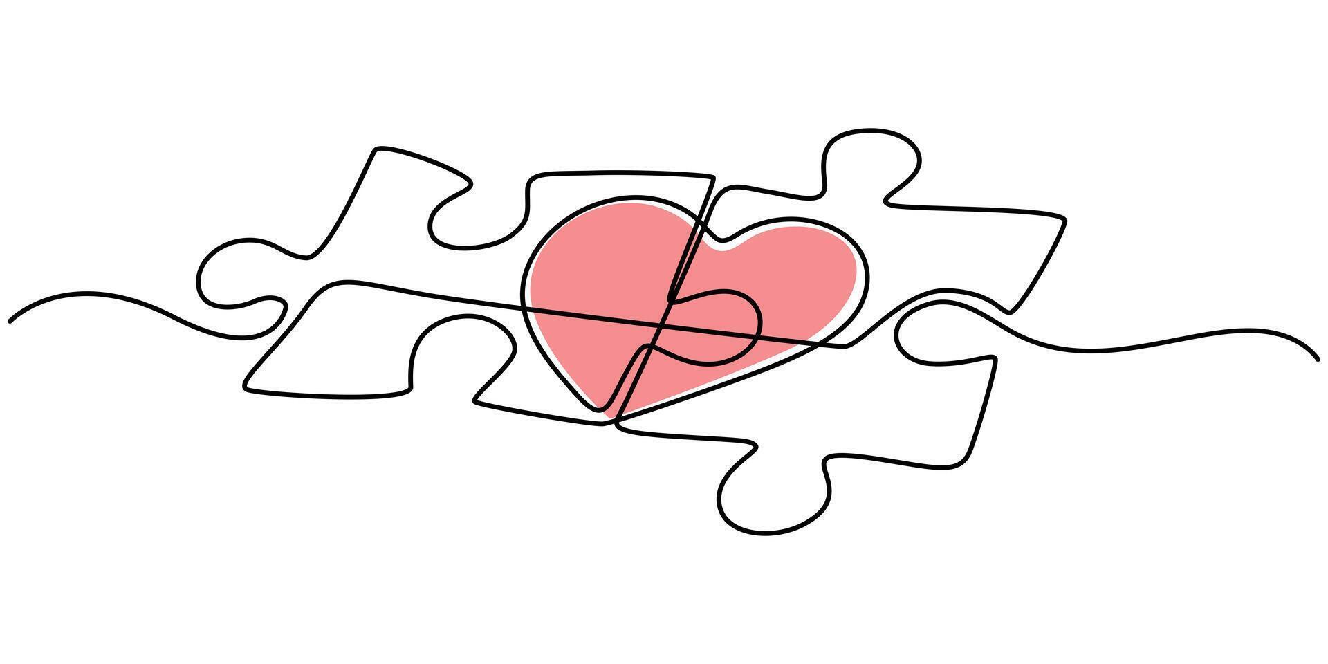 Love with puzzle continuous one line drawing, Love Puzzle icon, Heart puzzle icon, outline pro illustration and minimal concept, continuous drawing and white background. vector