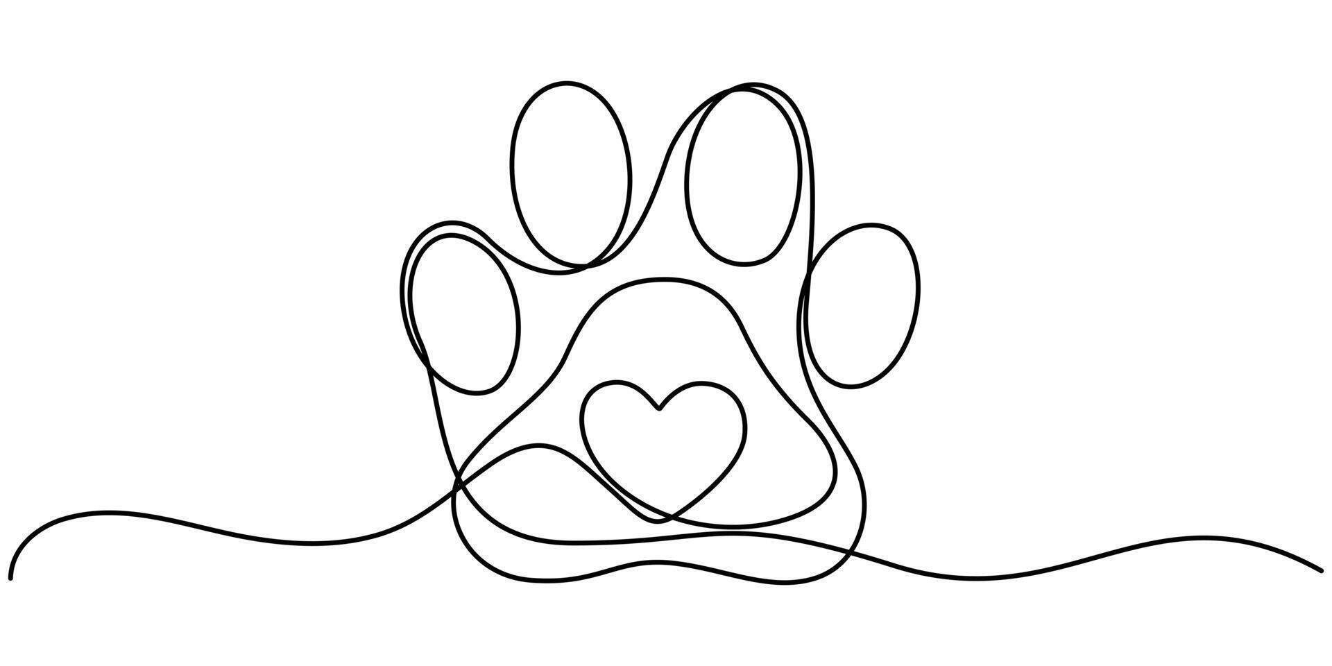 Heart with cat or dog paw in continuous one line drawing logo. Minimal line art vector