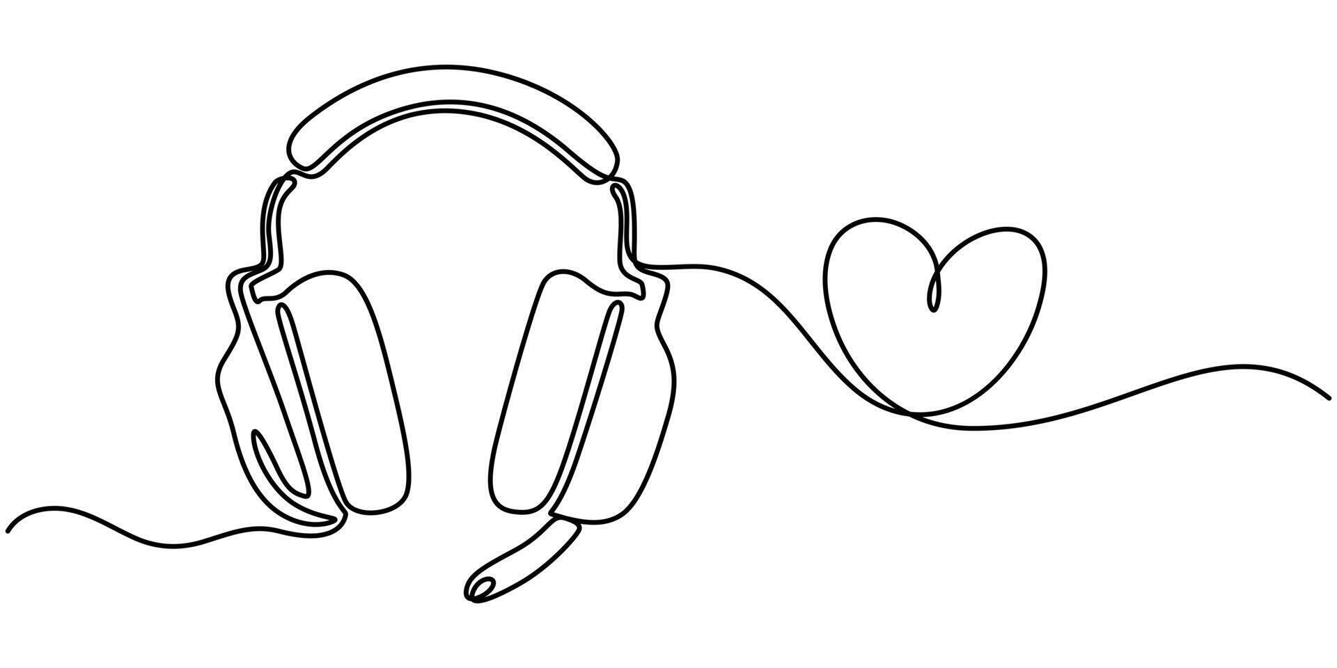 Continuous line, Headphones and heart, Drawing of set Music, illustration one line drawing vector