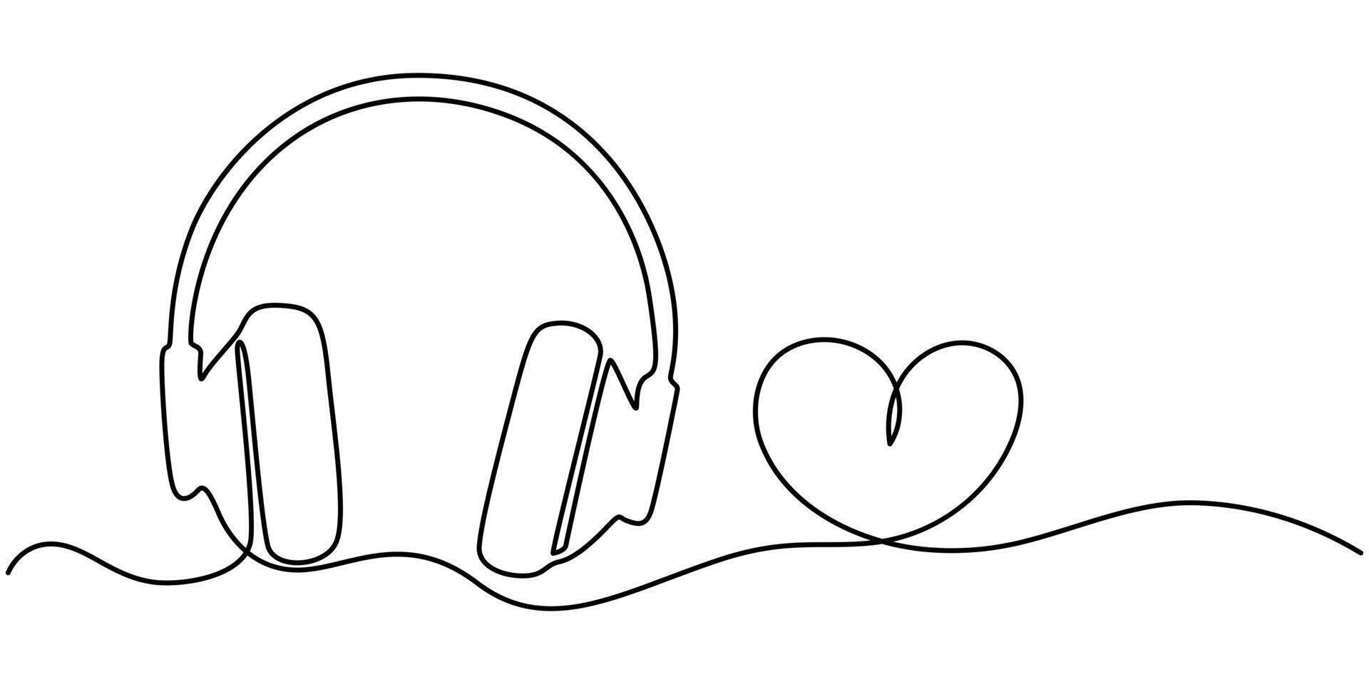 Headphones with music notes continuous one line drawing, Lineart concept of musical symbol illustration. vector