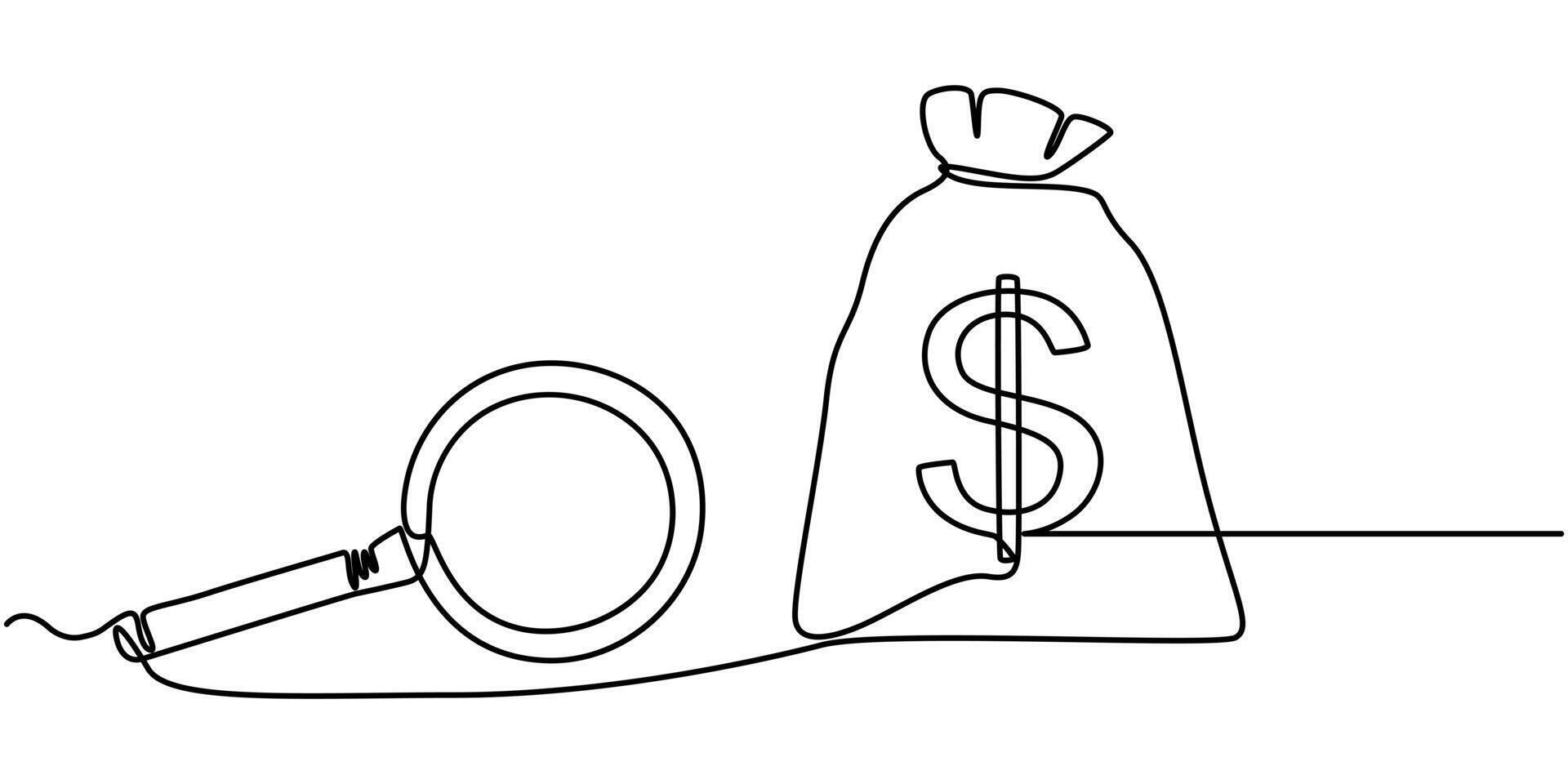 money bag with magnifying glass continuous one line drawing vector