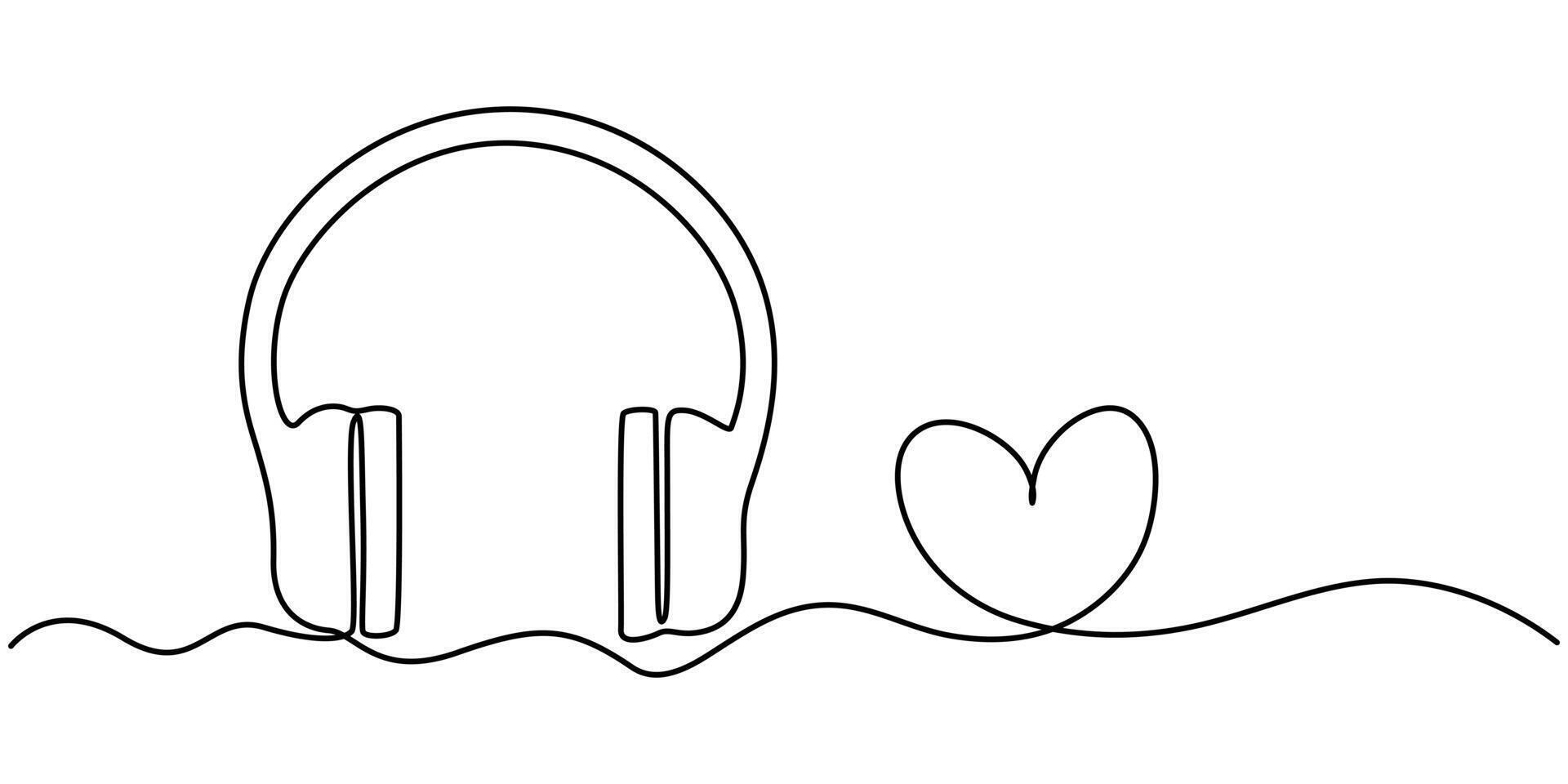 headphone with heart continuous one line drawing vector